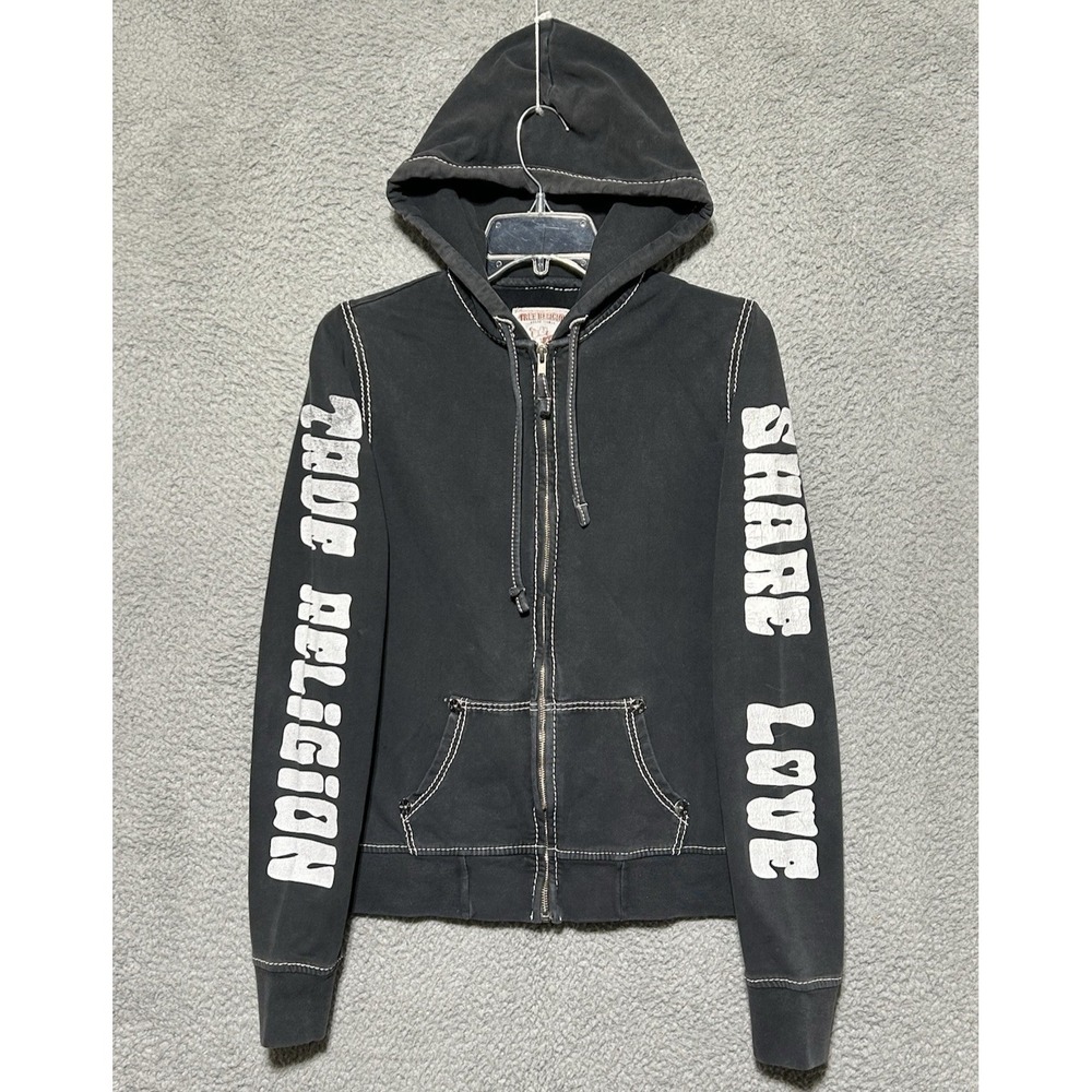 Vintage True Religion Hoodie Sweatshirt Women's L Black Full Zip Y2K Stitching